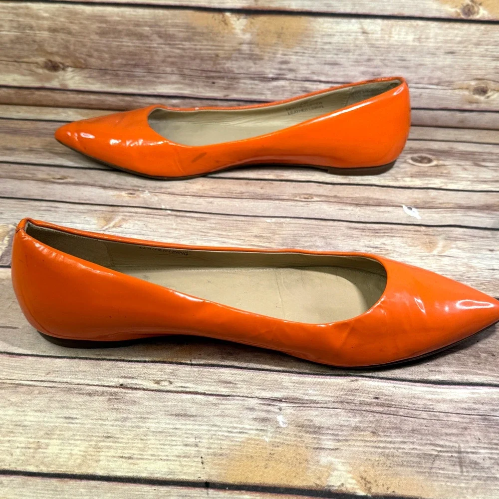 J.Crew Womens Bright Orange Patent Leather Point To Flat Shoes Made In Italy 9